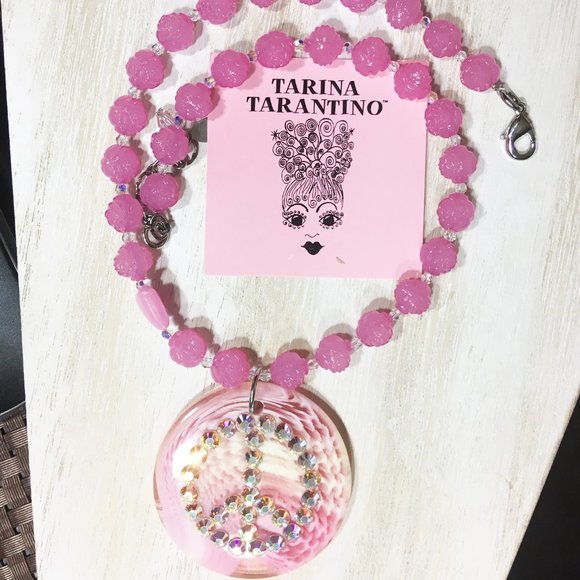 TARINA TARANTINO BABY PINK CRYSTAL LUCITE "PEACE" PENDANT & ROSE BEADED NECKLACE - Picture 13 of 14